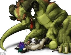 2010 balls big_balls blue_eyes brown brown_eyes brown_markings claws crux cum dragon drool footjob gay green hindpaw horns humanoid_penis licking male multicolored_hair open_mouth saliva scalie sheath size_difference slate_(artist) tongue