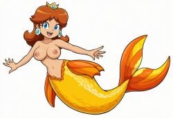 ai_generated alternate_species mario_(series) mermaid novelai princess_daisy topless