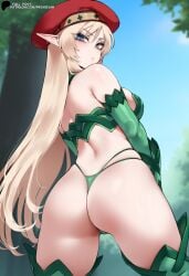 :o ai_generated alleyne armwear ass ass_focus blonde_hair blue_eyes elf footwear from_behind gloves green_armwear green_clothing green_gloves green_legwear green_panties hat hi_res high_resolution highres large_breasts legs_apart long_hair looking_at_viewer looking_back primosan queen's_blade red_hat revealing_clothes single_braid thong