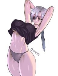 1girls abs armpit armpits arms_up belly belly_button big_breasts breasts brown_eyes chainsaw_man eye_patch female female_only fit fit_female gamjasssak grey_hair hips huge_breasts large_breasts milf missing_eye nipple_bulge one_eye_obstructed panties ponytail quanxi_(chainsaw_man) shiny_skin shirt shounen_jump silver_hair thick thick_thighs thighs thin thin_waist tummy white_background white_hair