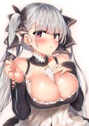 azur_lane bangs bare_shoulders blunt_bangs blush breasts cleavage detached_sleeves dress earrings female formidable_(azur_lane) grey_hair hair_ribbon hand_on_own_chest highres jewelry kawai_(purplrpouni) large_breasts long_hair looking_at_viewer parted_lips red_eyes ribbon simple_background sleeves_past_wrists solo sweat twintails upper_body wet white_background