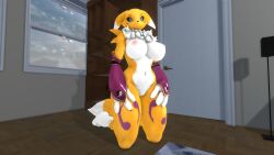 3d_(artwork) absurd_res anthro bandai_namco breasts clothing conniedesign digimon digimon_(species) digital_media_(artwork) female fur gloves handwear hi_res inside nipples nude pink_nipples pose renamon slightly_chubby solo thick_thighs warfare_machine warfaremachine white_body white_fur yellow_body