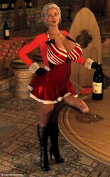 1futa 1girls 2019 3d alcohol christmas clothed clothing dark-skinned_futanari dark_skin depth_of_field dynamitejoe erect_penis erection futa_only futanari hand_on_hip huge_breasts indoors massive_penis penis_under_skirt precum precum_on_table precum_pool precum_puddle slushe_(website) solo solo_futa