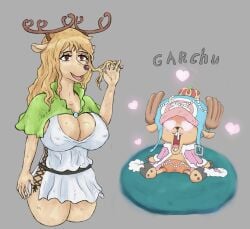 1boy 1girls big_breasts blonde_hair boobs breasts brown_fur cape clothed clothing crown female fur furry furry_only hat heart heart-shaped_pupils huge_breasts long_hair male mammal milky_(one_piece) nipple_bulge no_bra no_panties one_piece reindeer reindeer_antlers reindeer_ears reindeer_horns reindeer_humanoid reindeer_tail shounen_jump sitting smaller_male tagme_(artist) tits tony_tony_chopper waving waving_hand yellow_hair