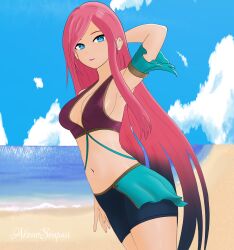 1girls akenosenpaii beach bikini blue_eyes clothed clothing league_of_legends looking_at_viewer ocean_song_seraphine outside pink_hair riot_games seraphine_(league_of_legends) sky