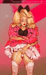 balls big_hair blonde_hair blush cage chastity clothed clothing dickgirl digital_media_(artwork) drag_queen ear_piercing eyelashes feminization gay genitals hair jugganaut jugganaut_freak kneehighs lipstick long_hair no_panties penis real_person ribbon simple_background sissy sissyfication solo solo_focus standing very_long_hair yaoi