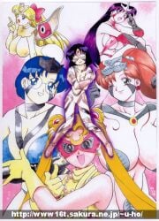 1990s 1999 20th_century 6girls ami_mizuno artist_name aura bare_shoulders bishoujo_senshi_sailor_moon black_hair blonde_hair blue_eyes blue_hair body_markings bodysuit boots bow breasts brown_hair cleavage closed_eyes clothing copyright_request covering covering_breasts crescent crescent_earrings crescent_moon crossed_arms crossover dated double_bun earrings elbow_gloves eye_mask facial_mark facial_markings female female_only forehead_mark full_body glasses gloves green_eyes hair_ornament hair_ribbon hosaka_yuuichi hotaru_tomoe huge_breasts index_finger_raised jewelry knees_together_feet_apart large_breasts leaf leaf_clothing leaning_forward long_hair long_twintails looking_at_viewer makoto_kino mask matching_hair/eyes medium_breasts minako_aino multiple_girls navel nude one_eye_closed open_mouth pink_background pointing ponytail pose purple_eyes purple_hair pussy rei_hino revealing_clothes ribbon sailor_jupiter sailor_mars sailor_mercury sailor_moon sailor_saturn sailor_venus short_hair sideboob signature skin_tight smile standing teeth tiara tied_hair tight_clothing tongue twintails underboob url usagi_tsukino very_long_hair watermark white_border wings wink yellow_gloves