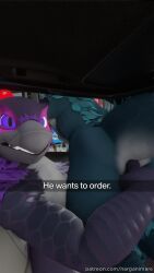 anal anal_fingering anal_sex anthro ass b_(nargacuga) blue_body blue_eyes blue_fur capcom car duo fingering flying_wyvern frown fur he_wants_to_order hi_res looking_at_viewer male male/male mcdonald's meme monster_hunter nargacuga narganimare on_lap open_window ordering_food p_(nargacuga) patreon penetration purple_body purple_eyes purple_fur sitting smile text url vehicle video_games