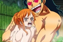 black_hair breasts female kozuki_momonosuke male nami one_piece open_mouth orange_eyes orange_hair rao_jackman shocked shocked_expression tagme