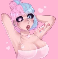 armpit big_breasts blue_hair cat_eyes choker cleavage cleavage_overflow hair_bun huge_ass huge_breasts huge_lips huge_nipples milf piercing piercings pink_hair tattoo tattoo_on_breast tattooed_arm tattoos yan_the_moonchild yvee yvee_(yanthemoonchild)