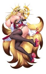 9_tails animal_humanoid areola armwear asian_clothing ass bell big_breasts black_clothing black_legwear black_thigh_highs blonde_hair bodily_fluids bottomwear breasts canid canid_humanoid canine canine_humanoid clothed clothing detached_sleeves digital_media_(artwork) east_asian_clothing female footwear fox fox_humanoid genital_fluids hair huge_breasts humanoid inner_ear_fluff japanese_clothing legwear light_body light_skin mammal mammal_humanoid miko_outfit multi_tail nipples nude purple_eyes pussy_juice red_bottomwear red_clothing red_footwear red_sandals red_skirt saijosatoru sandals skirt solo sweat tamamo_(taimanin_asagi) thigh_highs tuft