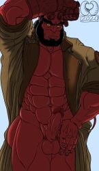 against_surface balls bara black_hair boner broken_horn dark_horse demon erection facial_hair hellboy hellboy_(series) horns jacket jacket_only leaning_on_elbow male male_only muscles muscular open_jacket penis red_body red_skin solo solo_male tail thejmin2