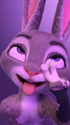 3d_(artwork) 4_fingers absurd_res ahe_gao blender_(software) breasts clothing cotg_(artist) digital_media_(artwork) disney ears_up eye_roll female fingers flat_chest fur furry gesture grey_body grey_fur handwear hi_res judy_hopps lagomorph leporid looking_pleasured mammal open_mouth purple_eyes rabbit simple_background solo tongue tongue_out v_sign zootopia