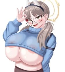 big_areola big_nipples blue_archive glasses huge_breasts leggings moe_(blue_archive) posing qilook sweater sweater_lift twintails