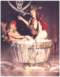 2021 2girls 3d bathing bathtub black_hair blonde_hair bracelet bracelets compass dyed_hair female female_only headband holding_drink holding_glass holding_object looking_at_viewer medium_breasts multiple_girls necklace nude nude_female pirate pirate_flag pirate_hat red_hair rubber_duck skull_print slushe_(website) staffofmagic sword two-tone_hair two_tone_hair water