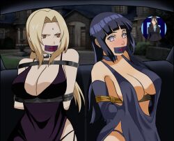 2girls arms_behind_back big_breasts bondage boruto:_naruto_next_generations bossbb41 breasts cleavage collar dress edit female female_only femsub fully_clothed gag gagged hyuuga_hinata milf multiple_girls naruto side-tie_panties tape_bondage tape_gag tsunade