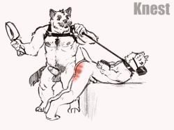 animated anthro ass balls belt bondage canid canine closed_eyes clothing collar duo erect_while_spanked erect_while_spanking erection genitals hairy hands_behind_back heart knest leash leather leather_clothing male male/male mammal muscular muzzle_(disambiguation) penis red_butt spanking spanking_marks