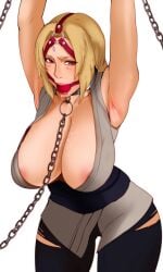 1girls 2020s 2022 arms_up ball_gag blonde_hair bondage bound bound_arms chained chained_collar chains cleavage collar drooling female female_only gag gagged helpless jnsdh large_breasts looking_at_viewer naruto naruto_(series) saliva saliva_on_breasts solo torn_clothes torn_pants tsunade