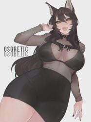 1girls animal_ears belt big_breasts big_lips black_hair black_nail_polish black_nails black_sclera bottomwear breasts choker cleavage ear female female_only hair lips long_hair nail_polish nails neckwear osoretic solo solo_female thick_lips topwear yellow_eyes