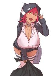 big_breasts breasts choker clothing cross dark-skinned_female female female_only fully_clothed hoodie huge_breasts ina-chi inaiti-ina large_breasts looking_at_viewer lupusregina_beta overlord_(maruyama) red_hair short_skirt skirt solo solo_female solo_focus solo_futa tagme thick_thighs thighhighs werewolf yellow_eyes