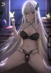 1girls 2021 ass_visible_through_thighs bare_arms bare_shoulders black_bra black_eyes black_panties bra breasts bright_pupils bug butterfly butterfly_hair_ornament closed_mouth collarbone colored_eyelashes criss-cross_halter echidna_(re:zero) female gluteal_fold groin hair_between_eyes hair_ornament halterneck hand_up indoors insects lingerie long_hair looking_at_viewer medium_breasts multi-strapped_panties navel nev_(nevblindarts) panties re:zero_kara_hajimeru_isekai_seikatsu silver_hair sitting smile solo spread_legs stomach string_bra string_panties thighs underwear underwear_only very_long_hair wariza witch