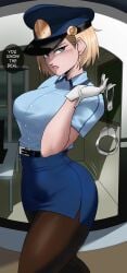 1girls 2022 android_18 android_girl blonde_hair blue_eyes breasts dialogue dragon_ball dragon_ball_super dragon_ball_z echosaber english_text female female_only fully_clothed hi_res hips large_breasts police_uniform policewoman short_hair shounen_jump slim_waist solo text thick_thighs thighs wide_hips