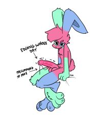 1boy 2022 absurd_res anthro balls bedroom_eyes big_balls big_penis blue_body blue_fur blush bodily_fluids edging english_text erection femboy foreskin fur genital_fluids genitals green_body green_fur hi_res huge_cock hung_trap lagomorph leporid looking_at_viewer male male_only mammal narrowed_eyes nude penis pink_body pink_fur precum rabbit seductive simple_background solo text the_xing1 xing_(the_xing1)