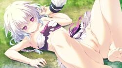 arm_grab armpits arms_above_head arms_up bangs bare_arms bare_legs barefoot blush breasts censored closed_mouth clothes_lift covered_nipples day female game_cg hair_between_eyes held_down holding_another's_wrist iris_krug leg_up long_hair lying midriff miniskirt missionary_position mizunezumi mosaic_censoring on_back on_grass outdoors pinned_down pussy re;lord_dai_san_shou red_eyes restrained sarashi skirt skirt_lift small_breasts soles solo_focus stomach tears white_hair wrist_grab