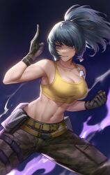 1girls abs bare_arms bare_shoulders belt big_breasts black_gloves blue_eyes blue_hair camo_pants camouflage camouflage_pants cleavage clenched_hand collarbone dog_tags earrings fighting_stance gloves hi_res hua-j jewelry king_of_fighters leona_heidern midriff military_uniform muscular muscular_female navel pocket ponytail pouches purple_background sleeveless snk solo solo_female solo_focus sports_bra stomach tank_top toned_female triangle_earrings yellow_tank_top