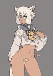 1girls animal_ears bottomless krahe long_sleeves pubes pussy simple_background solo standing white_hair