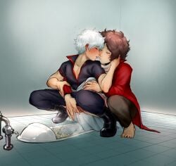 1boy 1cuntboy alternate_version_available arm_grab barefoot bathroom bathroom_stall blush brown_hair cuntboy cuntboy/male curly_hair drunk from_behind gintama gintoki_sakata intersex japanese_clothes licking male male_on_cuntboy mostly_clothed niichan omorashi peeing pubic_hair public_restroom pussy pussy_juice sakamoto_tatsuma silver_hair squatting steam sweat toilet toilet_stall uncensored urination urine waist_grab