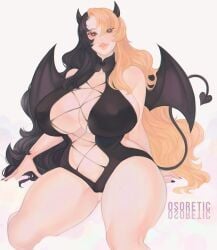 1girls bat_wings big_breasts big_lips black_eyes black_hair black_nail_polish black_nails blonde_hair breasts clothing female female_only hair horns huge_breasts lips long_hair nail_polish nails osoretic tail thick_lips thick_thighs thighs two_tone_hair voluptuous wins