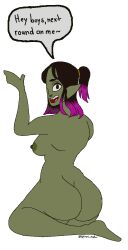 ass breasts dialogue duzzy_(karate_hoe) goblin goblin_female green_skin nude oc original_character pierced_nipples sharp_teeth spirel_nsfw squirrellewds tagme text thick_ass two_tone_hair