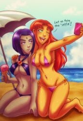 2girls artist_name beach bikini breasts cleavage colored_sclera colored_skin criss-cross_halter dc dc_comics english_text female female_only food green_eyes green_sclera grey_skin halterneck highres iahfy ice_cream kneeling long_hair medium_breasts midriff multiple_girls navel one_eye_closed open_mouth orange_skin phone piercing purple_eyes purple_hair rachel_roth raven_(dc) red_hair selfie short_hair side-tie_bikini sitting smile starfire swimsuit teen_titans text wink