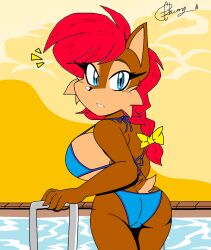 akatsukishiranui-fox anthro archie_comics ass_cleavage big_breasts bikini blue_bikini brown_fur butt_crack chipmunk female female_only mammal sally_acorn sega sideboob skimpy_bikini solo solo_female sonic_(series) swimwear