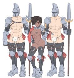 2boys abs armor cape dark_skin functionally_nude helmet jockstrap krahe large_breasts nipples nude pussy soldier spear standing sword white_background