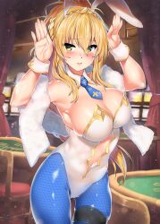 ahoge animal_ears armpits artoria_pendragon artoria_pendragon_(all) artoria_pendragon_(fate) artoria_pendragon_(swimsuit_ruler) bangs bare_shoulders blonde_hair blue_necktie blue_neckwear blue_pantyhose blush braid breasts bunny_ears bunny_pose bunnysuit casino chair cleavage clothing_cutout cowboy_shot curtains detached_collar fake_animal_ears fate/grand_order fate_(series) female fishnet_pantyhose fishnets french_braid green_eyes hair_between_eyes hands_up highleg highleg_leotard highres kawai_(purplrpouni) large_breasts leotard long_hair looking_at_viewer navel navel_cutout necktie pantyhose parted_lips playboy_bunny poker_table ponytail rabbit_ears sexy_armpits sidelocks slot_machine solo table thigh_strap tiara white_leotard wrist_cuffs