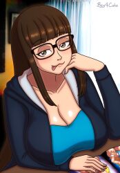 :3 beg4cake beggy_(beg4cake) blue_tank_top breasts brown_hair glasses light-skinned_female light_skin long_hair looking_at_viewer smiling_at_viewer sweater tank_top tongue tongue_out