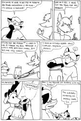 black_and_white canid canine canis clothing comic cybernetics cyborg female fox hi_res humor jackal machine maid_uniform male mammal monochrome robot sex tegerio uniform