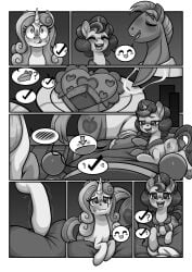 absurd_res bed big_macintosh_(mlp) blush bodily_fluids closed_eyes comic dessert equid equine female food friendship_is_magic furniture hasbro hi_res horn mammal my_little_pony pie sketchy_skylar sugar_belle_(mlp) sweat sweetie_belle_(mlp) unicorn