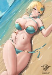 1girls 2022 absurdres alternate_breast_size alternate_costume ass_visible_through_thighs bare_arms bare_legs bare_shoulders beach bikini blonde_hair blue_bikini blue_eyes blue_flower blue_hair blue_swimsuit breasts cleavage closed_mouth criss-cross_halter day dutch_angle earrings female female_only fire_emblem fire_emblem_heroes fjorm_(fire_emblem) flower gradient_hair hair_flower hair_ornament halterneck highres jewelry kaos_art large_breasts light-skinned_female light_skin light_smile looking_at_viewer lying multicolored_hair navel nintendo ocean on_back on_side outdoors short_hair side-tie_bikini_bottom solo stomach summer swimsuit thigh_gap untied untied_bikini