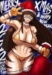 1girls armpits beg4cake beggy_(beg4cake) big_breasts breasts brown_hair christmas glasses light-skinned_female light_skin long_hair looking_at_viewer new_year original_character peace_sign santa_hat smiling_at_viewer text thighhighs thighs voluptuous