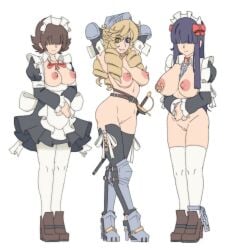 3girls armor big_breasts breasts_out full_body hair_over_eyes krahe large_breasts long_hair maid multiple_girls nude pussy standing white_background