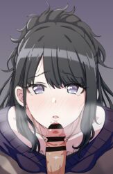 1boy bangs bar_censor black_hair blush breasts censored female from_above grey_eyes highres idolmaster idolmaster_shiny_colors imminent_fellatio kazano_hiori long_hair looking_at_viewer medium_breasts mole mole_under_mouth pov purple_sweater small_penis solo_focus sweater wasabi_(wasalongt)