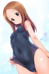 1girls bangs below_view blush breasts brown_eyes brown_hair cameltoe clothes_pull covered_breasts covered_navel female kamogawa_tanuki karakai_jouzu_no_takagi-san navel one_piece_swimsuit parted_bangs shiny_skin small_breasts standing swimsuit swimsuit_pull swimwear takagi-san