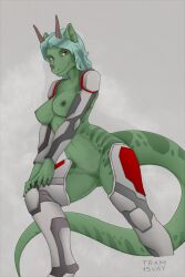 absurd_res anthro armor breasts clothing costume diana_digma dragon facial_horn female genitals green_body green_scales hair hi_res horn looking_at_viewer nipples nude pussy scales scalie smile solo traditional_media_(artwork) tram15vay