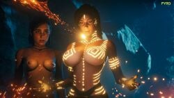 2girls 3d 3d_(artwork) absurd_res areola big_breasts breasts casual crossover ellie_(the_last_of_us) ellie_williams eyelashes female female_only front_view glowing_eyes glowing_markings hi_res human lara_croft lara_croft_(survivor) navel nipples nsfw_pyro pale_skin pyro_(artist) standing suntan the_last_of_us the_last_of_us_2 tomb_raider tomb_raider_(survivor) topless