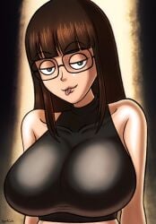 1girls :3 beg4cake beggy_(beg4cake) breasts brown_hair cheeky eyebrows_visible_through_hair glasses light-skinned_female light_skin long_hair original_character smiling smiling_at_viewer tongue tongue_out voluptuous