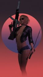 3d 3d_(artwork) assault_rifle aviator_sunglasses belly_button blonde_hair collar collar_tag curly_hair fretka_soup gun hotpants katana leather_jacket metal_gear_(series) metal_gear_solid metal_gear_solid_v paz_ortega_andrade petite pose posing skimpy skimpy_clothes sunglasses suppressor sword tinted_eyewear