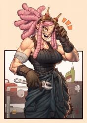 1girls big_breasts breasts detailed_background detailed_shading female gloves goggles goggles_on_head golden_eyes josephvirtuoso looking_at_viewer mechanic mei_hatsume muscular_female my_hero_academia pink_hair shueisha smile sweat tank_top wrench